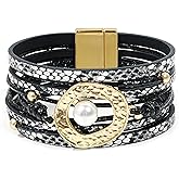 LUNINGLA Leather Wrap Bracelet for Women, Boho Multi-Layer Leather Bracelet with Strong Clasp, Stackable Pearl Bracelets for Women Gift