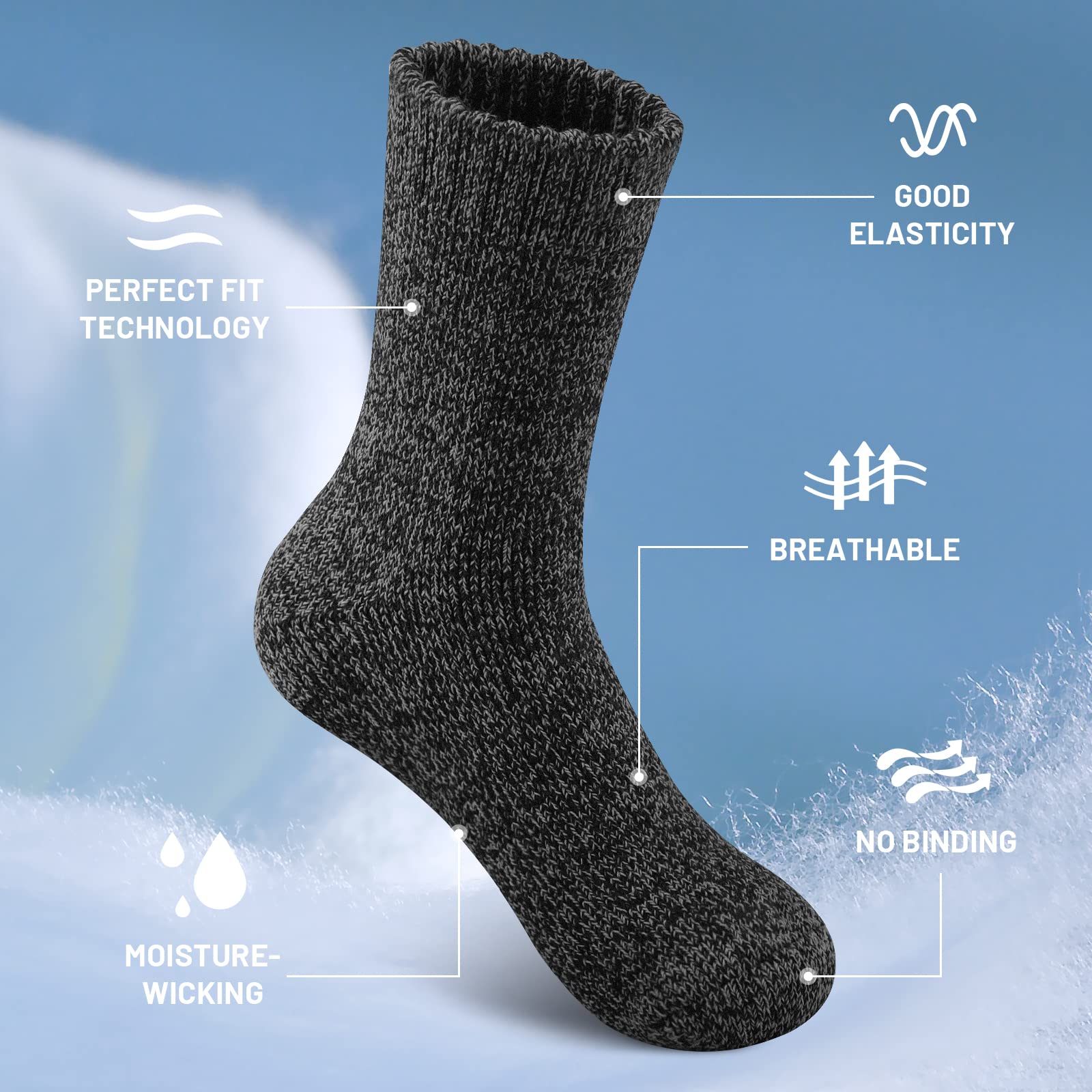 SIMIYA 5 Pairs Merino Wool Socks for Men, Thick Winter Wool Hiking Socks, Warm Breathable Crew Mens Socks
