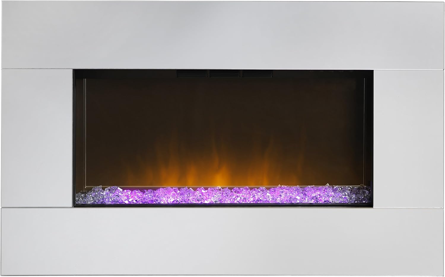 Dimplex Diamantique Optiflame Glass Wall Fire, Silver Mirrored Glass Wall Mounting Electric Fire with Crystal Stone Fuel Bed - Image 3