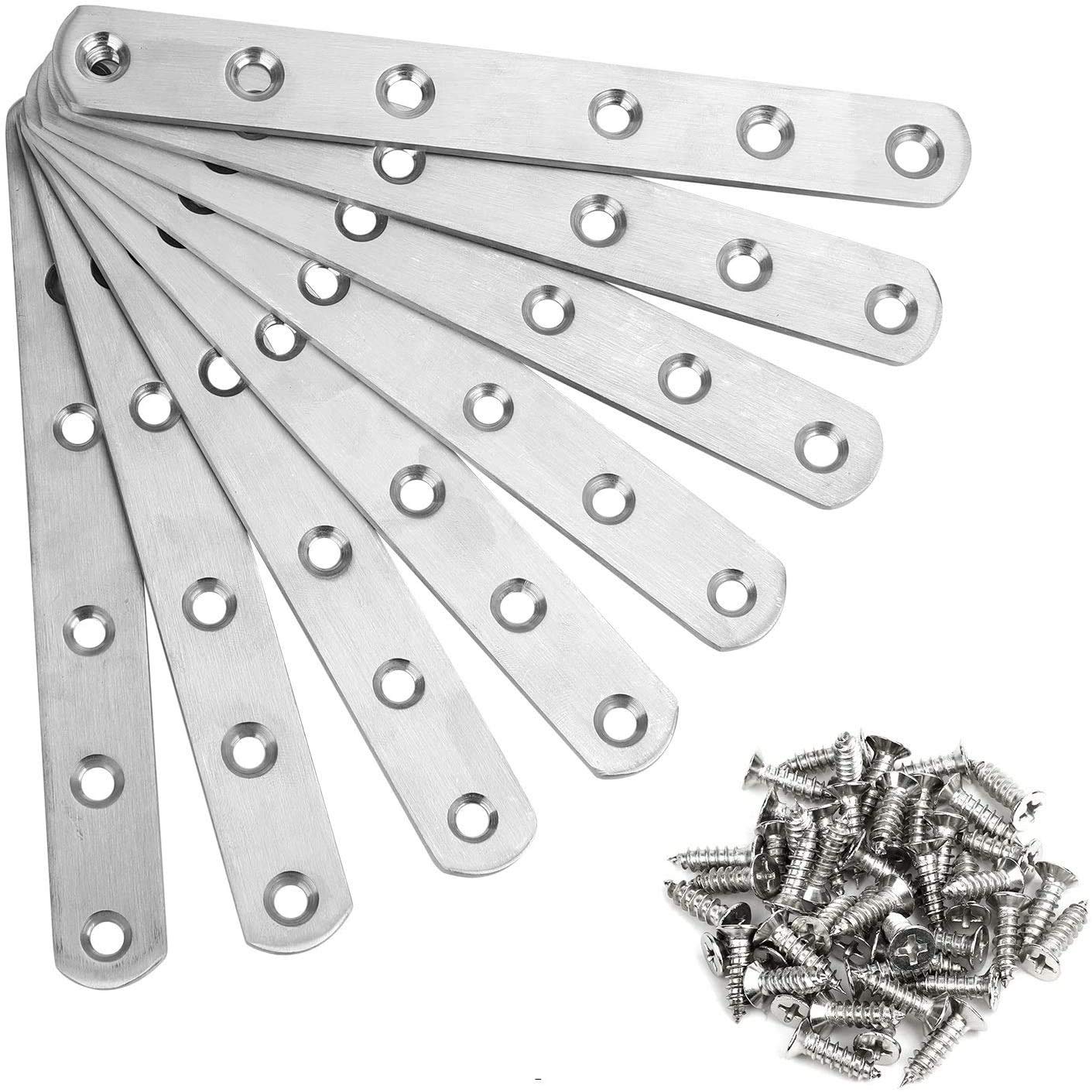 Hyber&Cara 8 Pcs Straight Brace Brackets Stainless Steel Flat Mending Repair Fixing Plate Metal Joining Plates for Wood with Screws, 160mm x 20mm