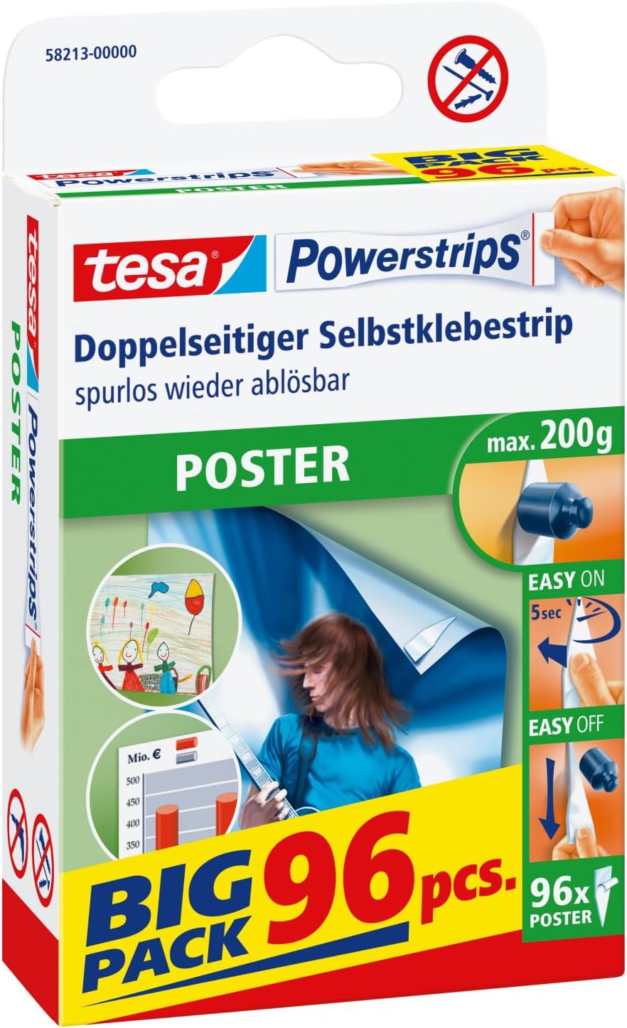 tesa Powerstrips Poster Double-Sided Adhesive Strips Holds 200 g Pack 96