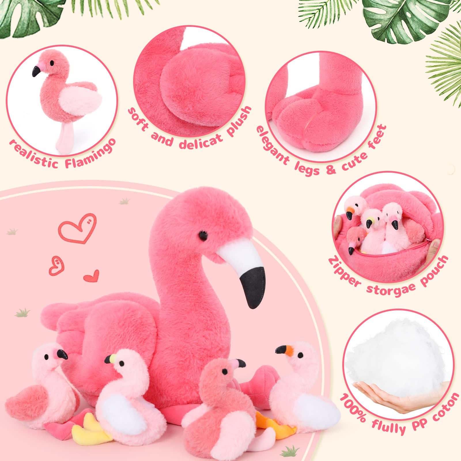 MorisMos 45cm sitzend Plüsch Flamingo mit 4 Baby im Bauch, Rosa Süß Kuschelig Flamingon Plüschtier Stofftier, Weich Spielzeug Dekokissen Geburtstag Themeparty Weihnachten Geschenk 2