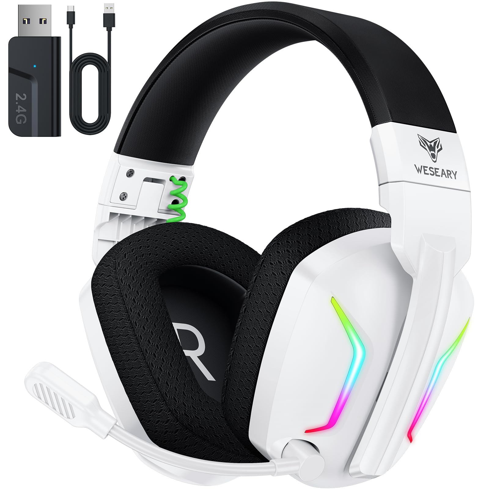 Photo 1 of WESEARY Wireless Gaming Headset for PC, PS5, PS4, Switch, Mac, 2.4GHz Wireless Gaming Headphones with ENC Noise Canceling Microphone, Bluetooth 5.4, Cool Lighting, 50H Battery, 50mm Drivers