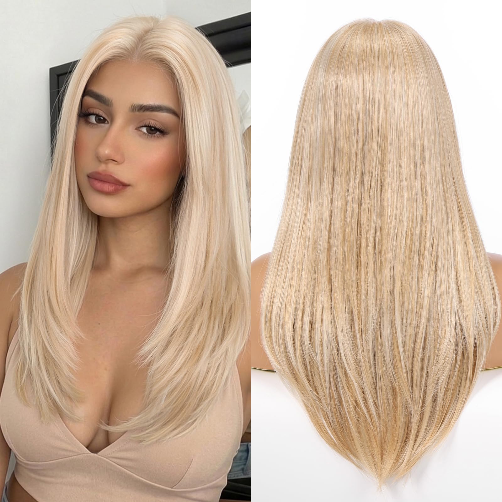 testar 13×6 HD Lace Long Blonde Lace Front Wig for Women 22 Inch Platinum Blonde Wig Straight Hair Natural Layered Glueless Synthetic Lace Wigs Middle Part for Party/Halloween/Daily Use(613 Blonde) — image 1