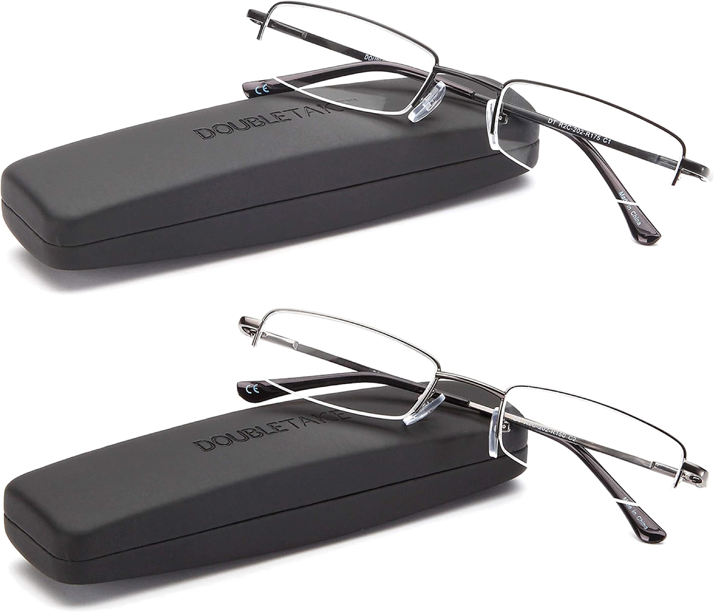 DOUBLETAKE Reading Glasses - 2 Pairs Compact Case Included Semi Rimless Readers
