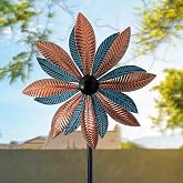 XLSWAIN Copper &amp; Blue Leaf 360&deg; Metal Wind Spinners Outdoor, 57" H | Double-sided 360&deg; copper blue leaf spinner adds warm motion to patios, lawns, flower beds, and gardens.