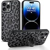 Jefonha Compatible with iPhone 14 Pro Case with Finger Hand Strap Kickstand, Trendy Cool Leopard Cheetah Print Phone Case for Women Men, Full Camera Protection Shockproof Protective Cover, Black