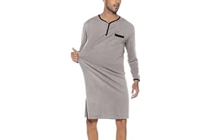 Yukiuiny Men Long Sleeve Nightshirt Knee Length Nightgown Cotton Sleep Shirt Lounge Wear with Chest Pocket