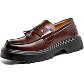 Men's Black Patent Leather Platform Loafers Slip-On Dress Shoes with Tassel, Non-Slip Lug Sole Round Toe Penny Formal Shoes for Business Work & Daily