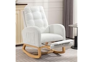 ZKZLAT Rocking Chair with Foot Rest, Nursery Glider Teddy Gliding Rocking Chair with Retractable Footrest Rubber Wood Legs Side Pocket High Back & Wide Seat Nursing Chair for Living Room (White)