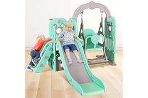 MAMIZO 6 in 1 Toddlers Slide and Swing Set, Kids Slides w/Climber, Storage, Basketball Hoop, Ball, Suction Cup Reinforced, Indoor Outdoor Playground Swing Slide Set (Green)