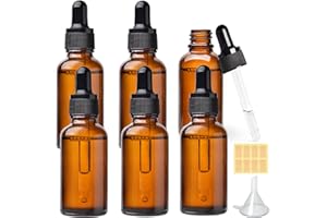 LANBEAUTIFY 2 oz Glass Dropper Bottles - 6 Pack Eye Dropper Bottles with Funnels & Labels - 60ml Amber Glass Tincture Bottles for Essential Oils, Liquids (2OZ-6PCS)