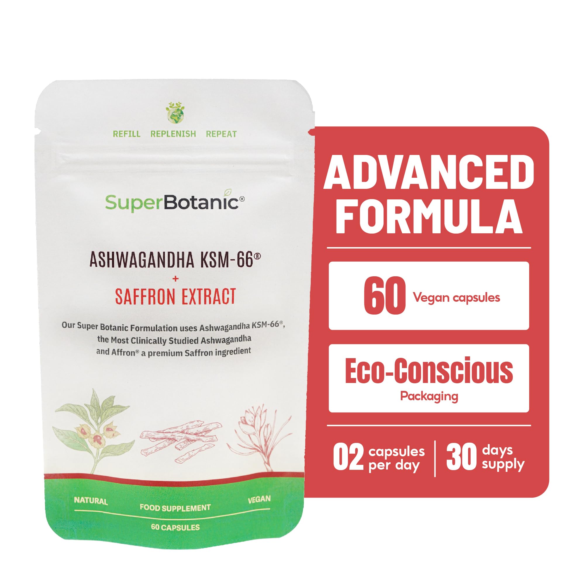 Super Botanic Ashwagandha KSM 66 ® 60 Vegan Capsules with Affron ® (Saffron Extract) in Pouch |100% Natural & Made in The UK | Most Clinically Studied Ashwagandha