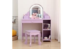 Garvee Girls Vanity Set with Lighted Mirror and Stool, Kids Makeup Vanity Table for Ages 3-9, 3 LED Light Modes, Storage Draw