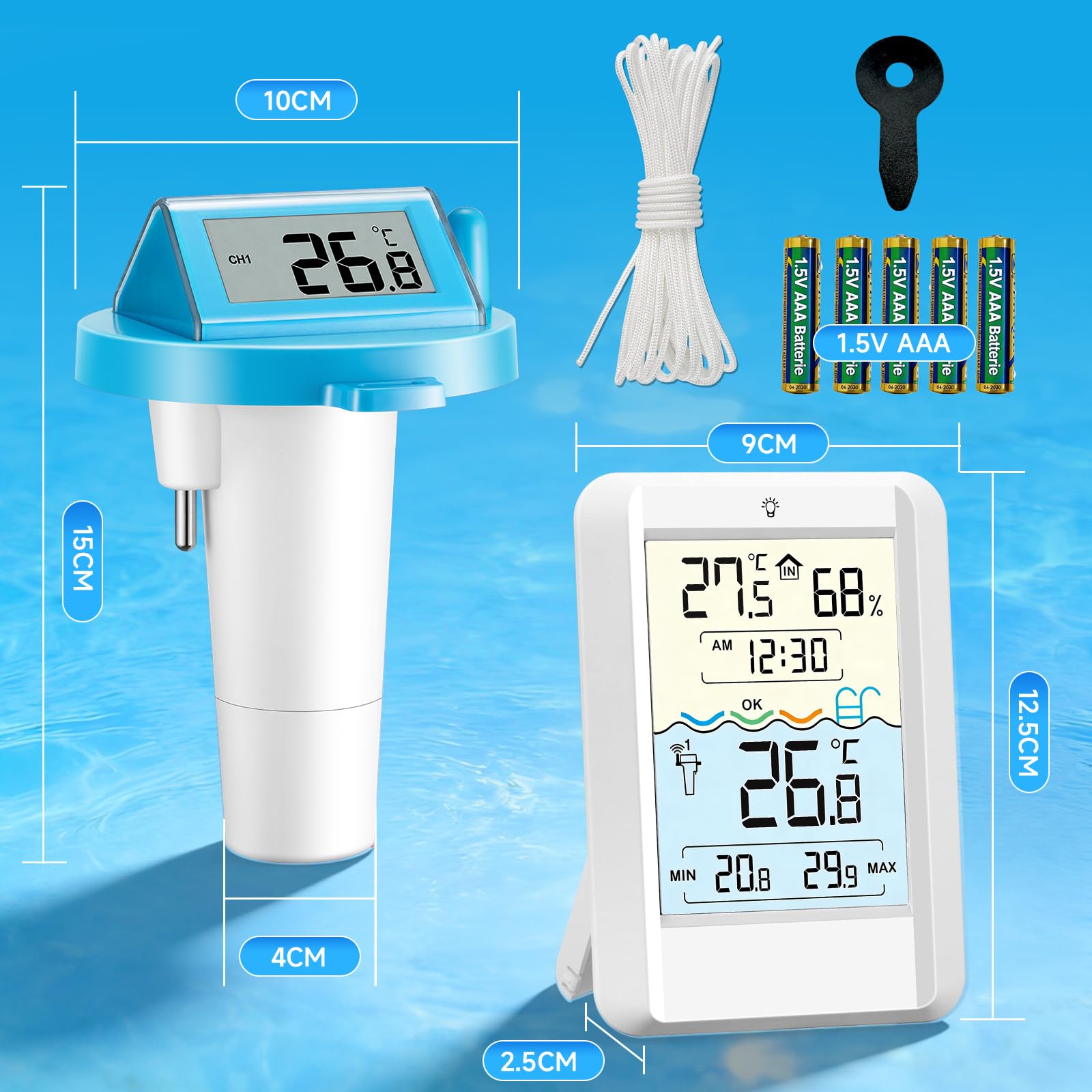 Warmfay Poolthermometer Funk Digital, Solar & Akku Betrieb, IP68 Wasserdicht Funkthermometer Schwimmend mit Empfänger bis 70 m Reichweite, Funk Pool Thermometer für Schwimmbad, Badewanne, Teich Spa 9
