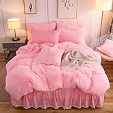 LIFEREVO Luxury Plush Shaggy Duvet Cover Set, Soft Velvet Fluffy Furry Duvet Cover Set(1 Faux Fur Fuzzy Comforter Cover + 2 Pom Poms Pillowcases) Solid Bedding Set, Zipper Closure(Full/Queen, Pink)