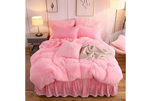 LIFEREVO Luxury Plush Shaggy Duvet Cover Set, Soft Velvet Fluffy Furry Duvet Cover Set(1 Faux Fur Fuzzy Comforter Cover + 2 Pom Poms Pillowcases) Solid Bedding Set, Zipper Closure(Full/Queen, Pink)