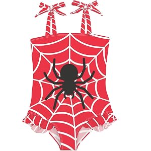 CaTaKu Baby Girls One Piece Swimsuit Red Spider Web Toddler Bathing Suit Ruffle Swimwear 18M-6Y
