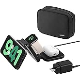 Belkin MagSafe Charger Compatible 3-in-1 Magnetic Charging Travel Pad 15W-BoostCharge Pro Foldable Qi2-Certified Wireless Charger, MagSafe-Compatible Charger for iPhone 16 Series, Apple Watch, AirPods