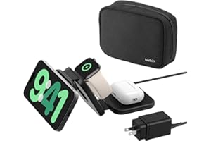 Belkin MagSafe Charger Compatible 3-in-1 Magnetic Charging Travel Pad 15W-BoostCharge Pro Foldable Qi2-Certified Wireless Charger, MagSafe-Compatible Charger for iPhone 16 Series, Apple Watch, AirPods