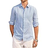 Esabel.C Men's Linen Casual Button Down Shirts Long Sleeve Striped Cotton Regular Fit Beach Wedding Shirts