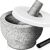 Tera Mortar and Pestle Set with Lid 2 Cup-Capacity, Include Silicone Lid, Garlic Peeler, Stick-on Anti-Slip Pad for Base, Unp