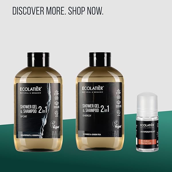 ECOLATIÈR 2-IN-1 BODY WASH MEN & SHAMPOO MEN – ENERGY BOOST, 97.5% NATURAL INGREDIENTS, VEGAN, NATURAL BODY WASH & HAIR CLEANSER, 20.3 FL OZ