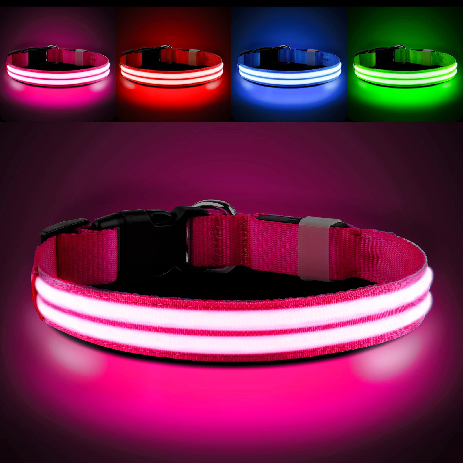 PcEoTllar Light Up Dog Collar - Rechargeable, Waterproof, Adjustable LED Collar for Night - Flashing, Glowing for Small Medium Large Dogs - Pink-L