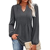 MIHOLL Women's V Neck Puff Long Sleeve T Shirts Pleated Casual Loose Tunic Blouse