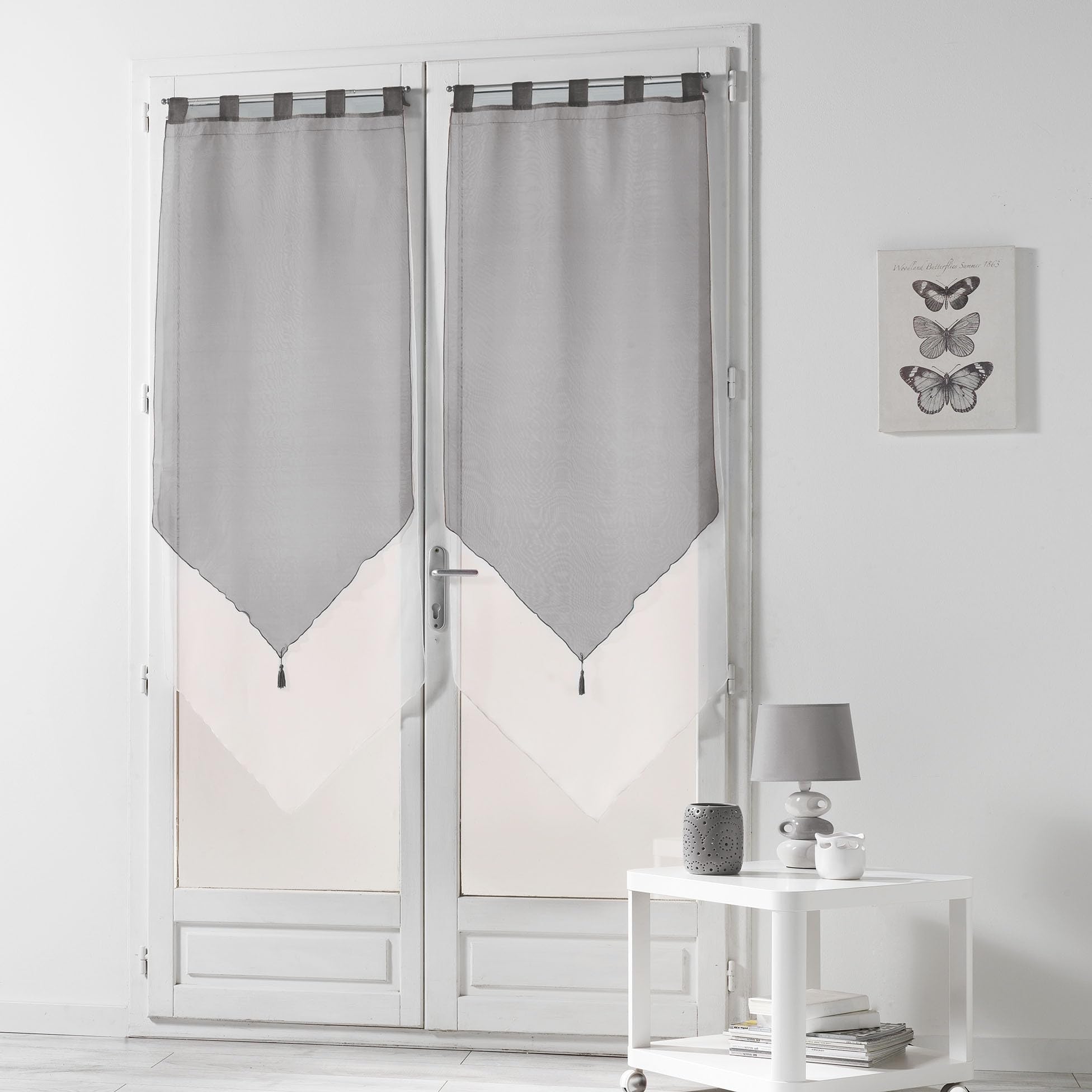 Douceur d'Interieur Voile Bicolour 2-Net Curtain Pompon, Blanc/Gris