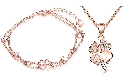 Yumilok Roségold 925 Sterling Silber Zirkonia Vierblättriges Kleeblatt Charm Armband Halskette Schmuck Set Armkette & Kette m