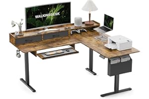 WALKINGDESK 63 Inches Height Adjustable L Shaped Standing Desk with 2 Drawers and Keyboard Tray, Electric Sit to Stand Home Office Comupter Table, Ergonomic Corner Gaming Desk, Rustic Brown