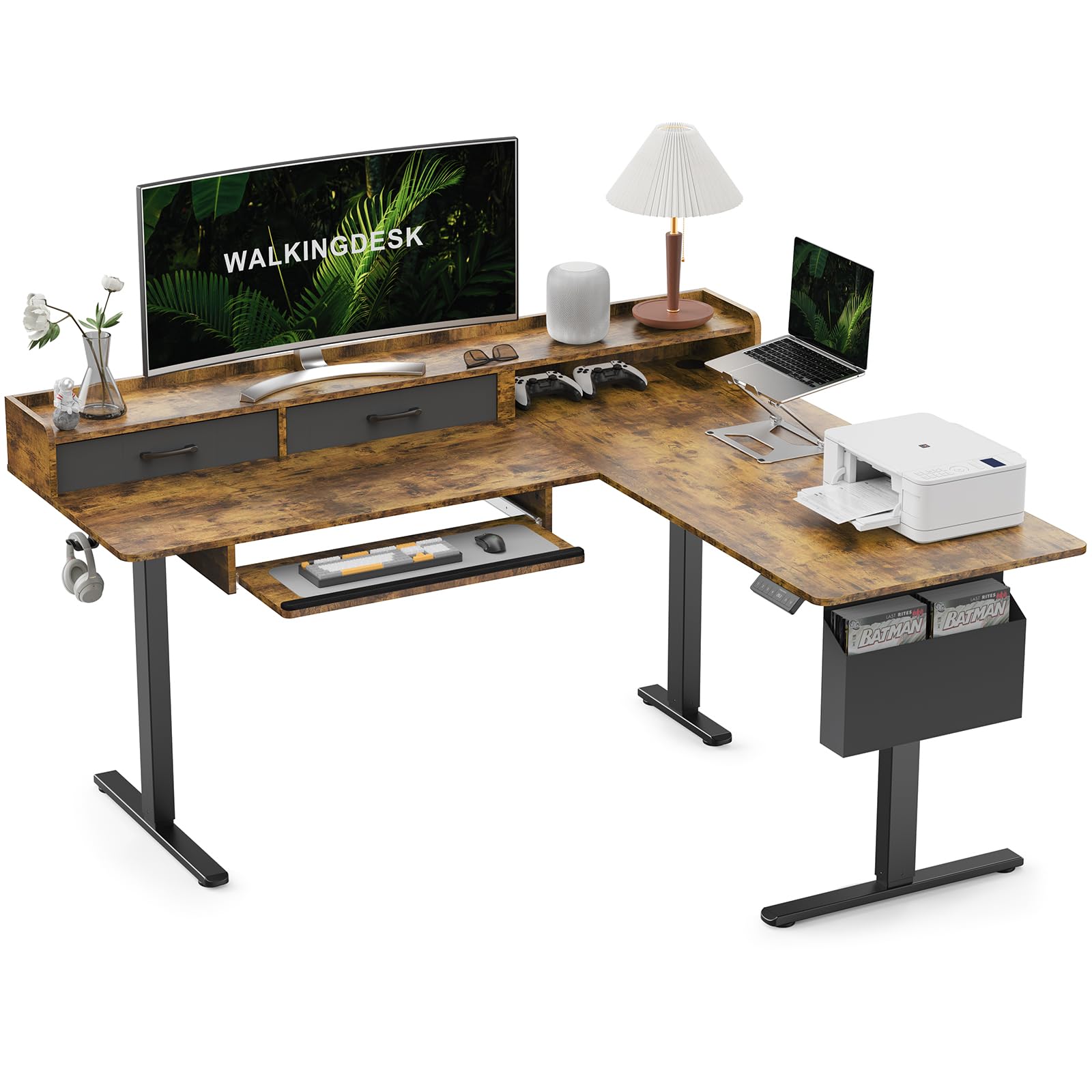 Photo 1 of  L Shaped Standing Desk with 2 Drawers and Keyboard Tray, Electric Sit to Stand Home Office Comupter Table, Ergonomic Corner Gaming Desk, Rustic Brown