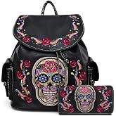 Western Trendy Gothic Skull Backpack Purse and Wallet Set for Women (#1 Black Set)