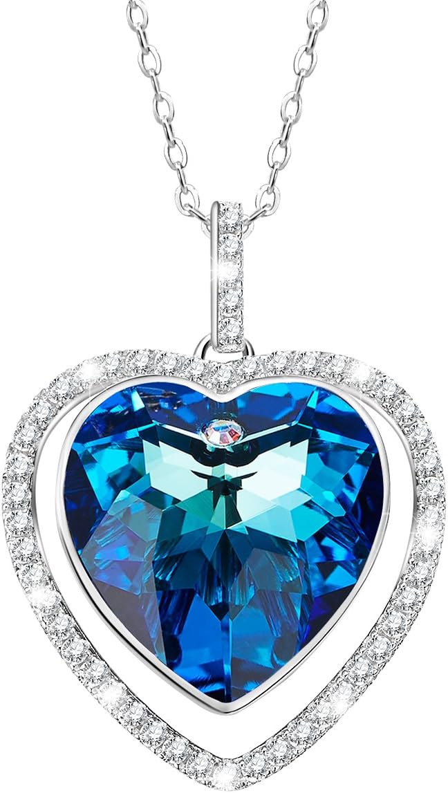 Guarding Love-Blue Heart Crystal Women Pendant Necklace-Rhodium Plated-The Gifts for Lover Wife Mum