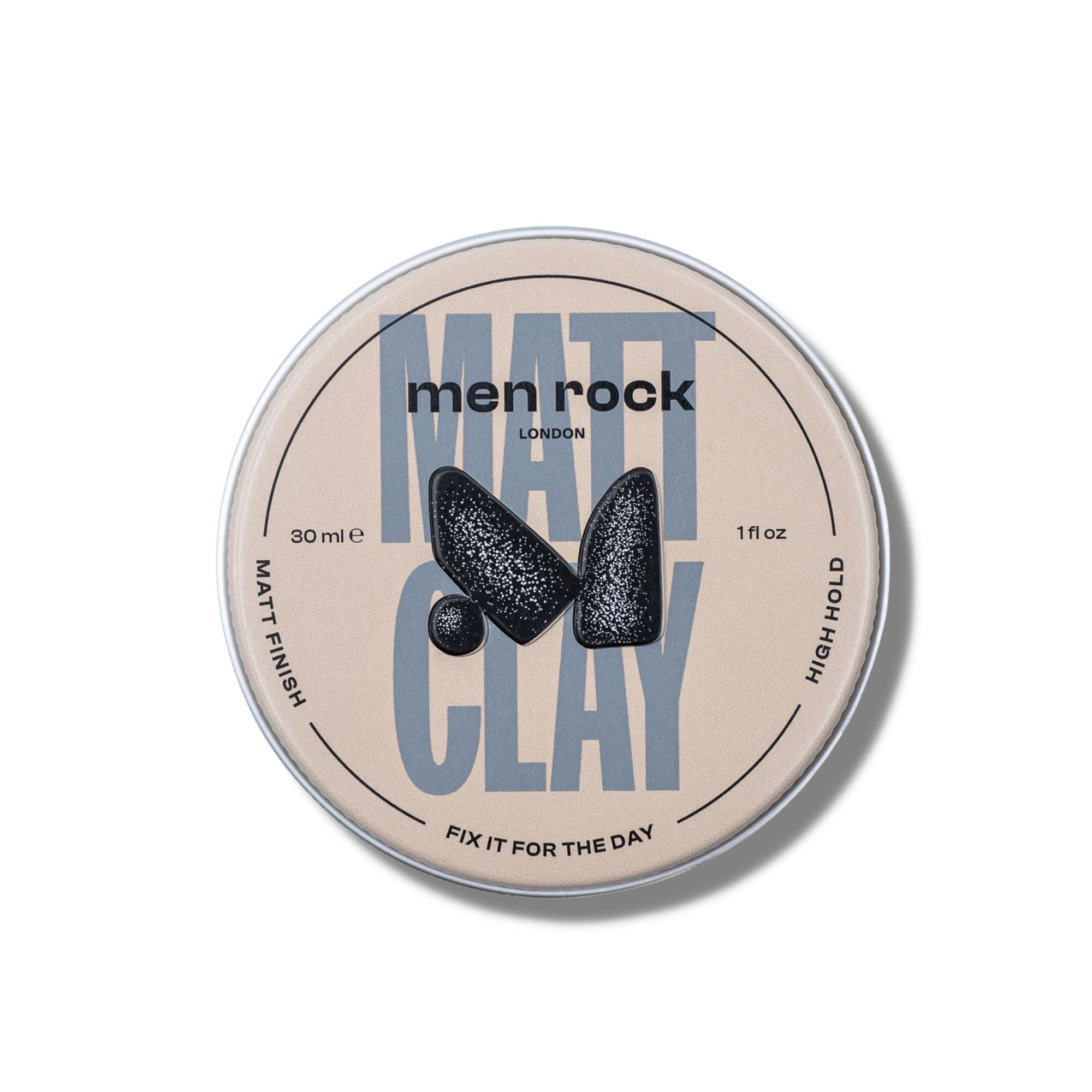Men Rock Matt Clay with High Hold and Matt, Natural Finish for Thicker and Fuller Looking Hairstyles, Enriched with Cocoa Butter, Sunflower and Almond Oils 30ml