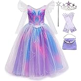 Xefenki New Glinda Costume Dress for Girls Halloween Cosplay Outfits with Crown Magic Wand Gloves and Handbag