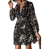 CUPSHE Women's Mini Dresses Casual Spring V Neck Chiffon Long Peasant Sleeves Flowy Spring Dress