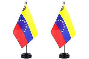 JBSJBS Venezuela Desk Flag 12" Solid Pole Deluxe Set Venezuelan Flags Banner Mini Small Venezuela Office Table Flags with Black Stand Base Desktop Decorations(2Pack)