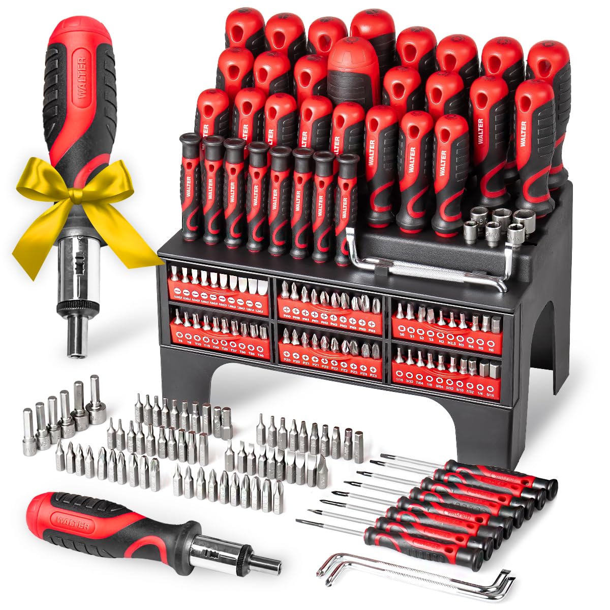 WALTER XXL Schraubendreher- & Bit-Set 100-teilig – Geschenk für Papa, Männer + Handwerker –inkl. Präzisions- & Winkelschraubendreher, Stecknüsse, Ratschen-Schrauber – Kreuzschlitz, Sechskant
