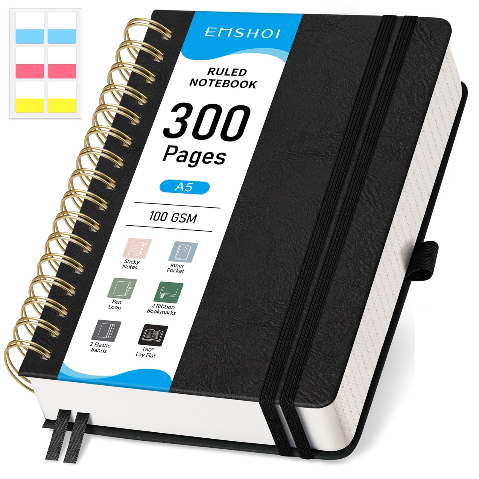 EMSHOI A5 Notebook College Ruled, Spiral Notepad 150 Sheets/300 Pages, 100gsm, HardCover, Sticky Notes, Pocket, Pen Loop, Ruler, Bookmark, Lined Journal for Women Men Writing, 14.5 x 21cm, Black