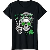 Funny St Patricks Day Skull Messy Bun Saint Pattys Paddys T-Shirt