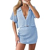 Saodimallsu Womens 2 Piece Cover Up Set Crochet Beach Summer Knit Button Short Sleeve Crop Top Mini Skirt Sets