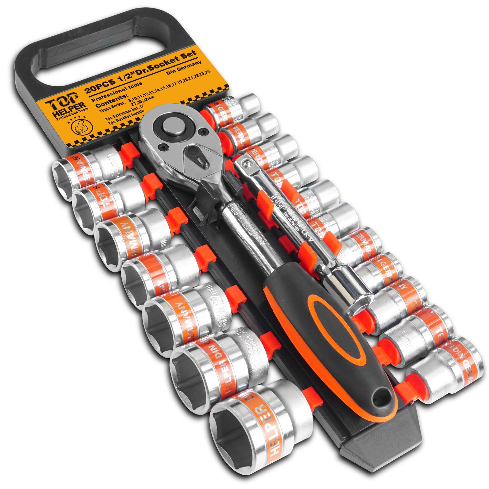 Photo 1 of 20 PCS 1/2" Drive Metric Socket Wrench Set,1/2 Reversible Ratchet Handle?6 Point Shallow Sockets (8-32mm) and Extension Bar 5", CR-V Steel, Car Repair Set