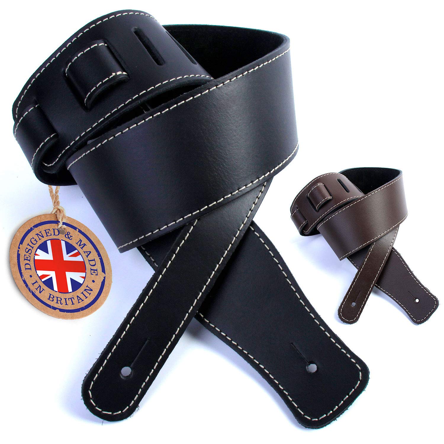 Italian Leather Guitar Strap: Black 'Deluxe' Strap (Up to 1.33m) for Electric / Acoustic / Bass Guitar