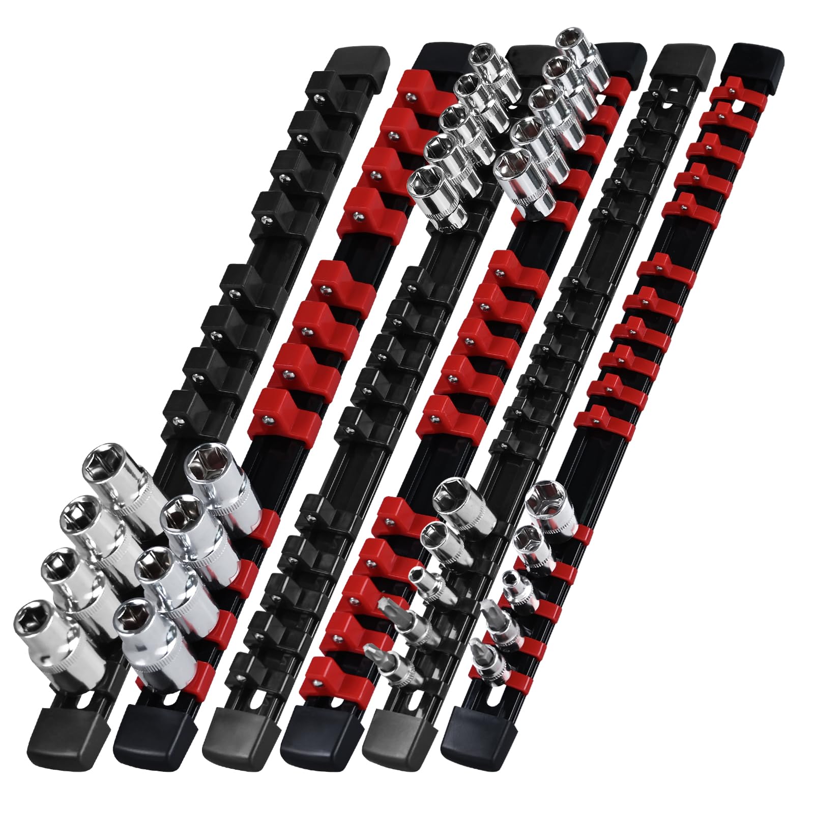 EGOFIX 1/4-Inch Drive Socket Organizer Rail With 16 Clips - Heavy Duty ABS Socket Holder Kit (Red)