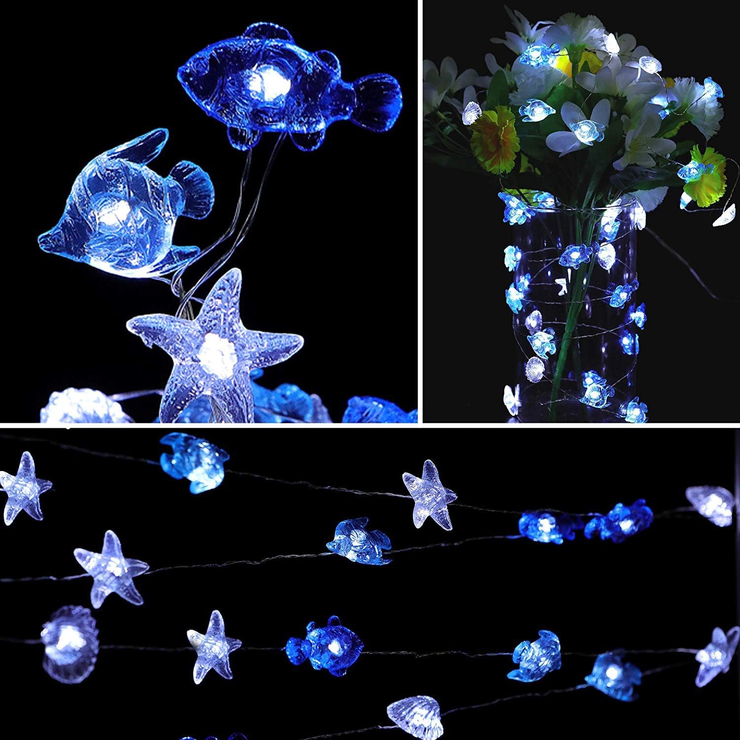 Ocean Theme String Lights, Seashell Sealife Battery Operated 8 Lighting Modes Waterproof Decorative Light Strings for Bedroom Nursery Indoor Outdoor Decorations (Cold White 14.1 Ft 40 LED)
