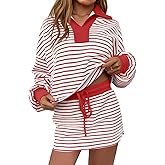 Fisoew Womens Striped 2 Piece Outfits Casual Sweatshirt Skirt Set Long Sleeve Skort Workout Set Matching Lounge Sets