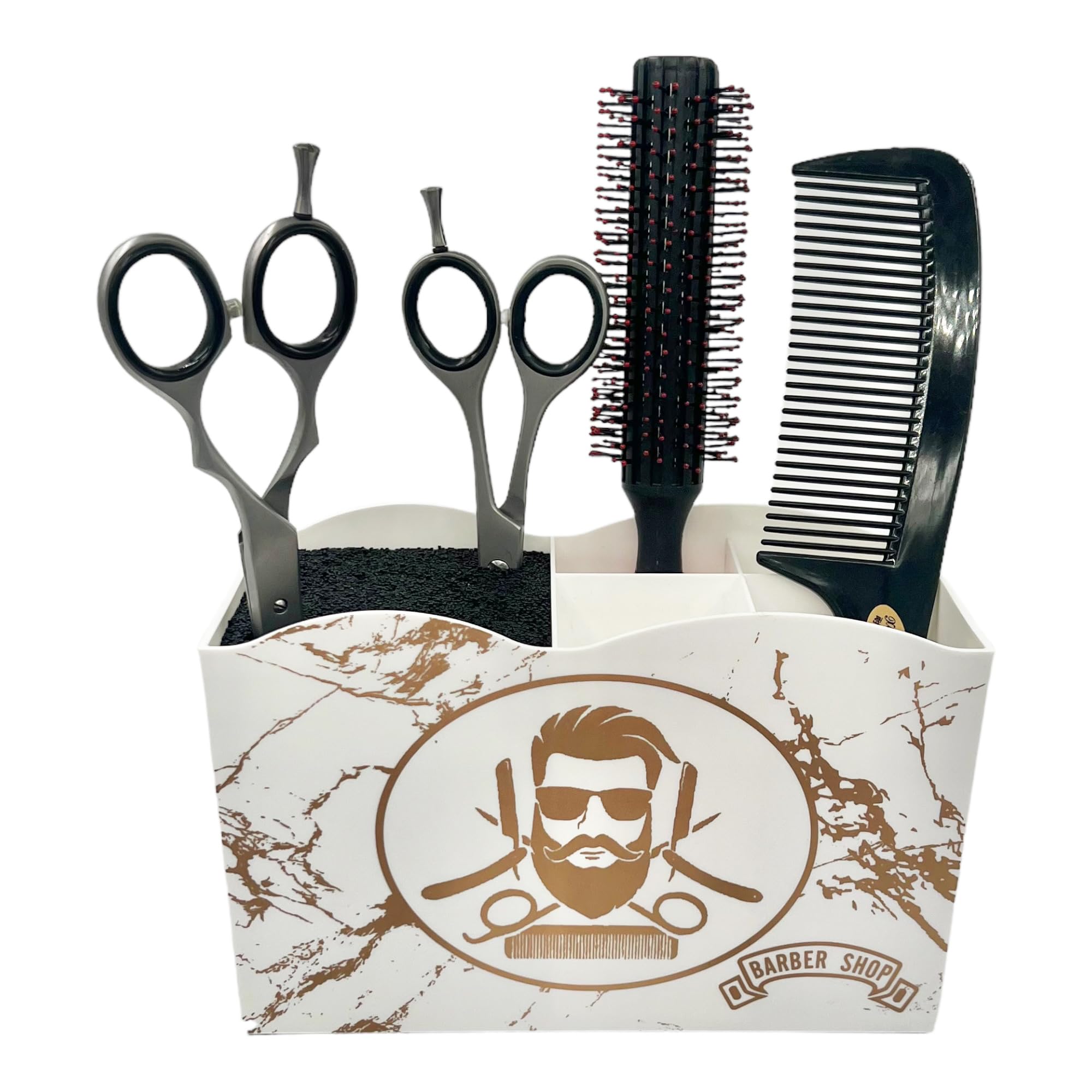 Eson Hairdressing Scissors Holder, Professional Shears Block & Brush Holder for Salon, Barber Scissor Organizer Stand, Tools Storage, Hairbrush Holder Rack (with Thin Nylon Bristles (Gold-White))