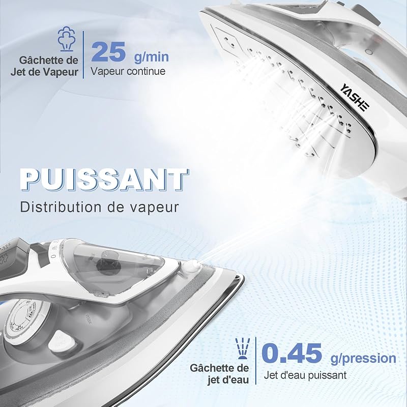 Fer à Repasser 2300 W avec Semelle Antiadhésive à Chauffage Rapide, Réservoir 300 ml, Débit de Vapeur Continu de 25 g/min, Fonction Pressing de 150 g/min, Autonettoyant, Anti-goutte